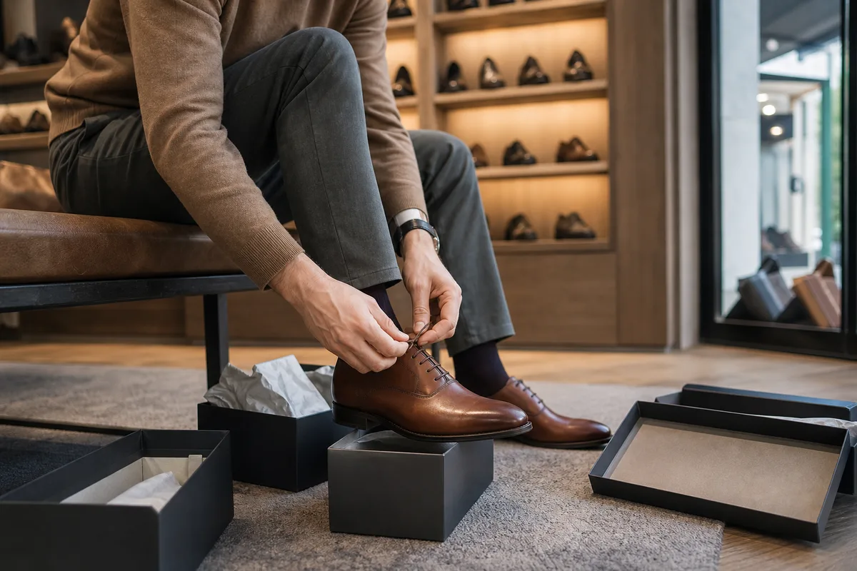 Homme assis sur un banc de magasin qui lace une chaussure de ville en cuir marron, boîtes ouvertes autour de lui