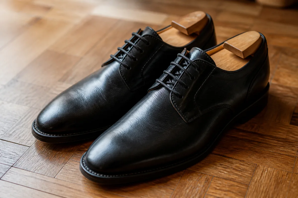 Détail d&rsquo;une paire de derbies en cuir noir posée sur un parquet, embauchoirs en bois glissés à l&rsquo;intérieur