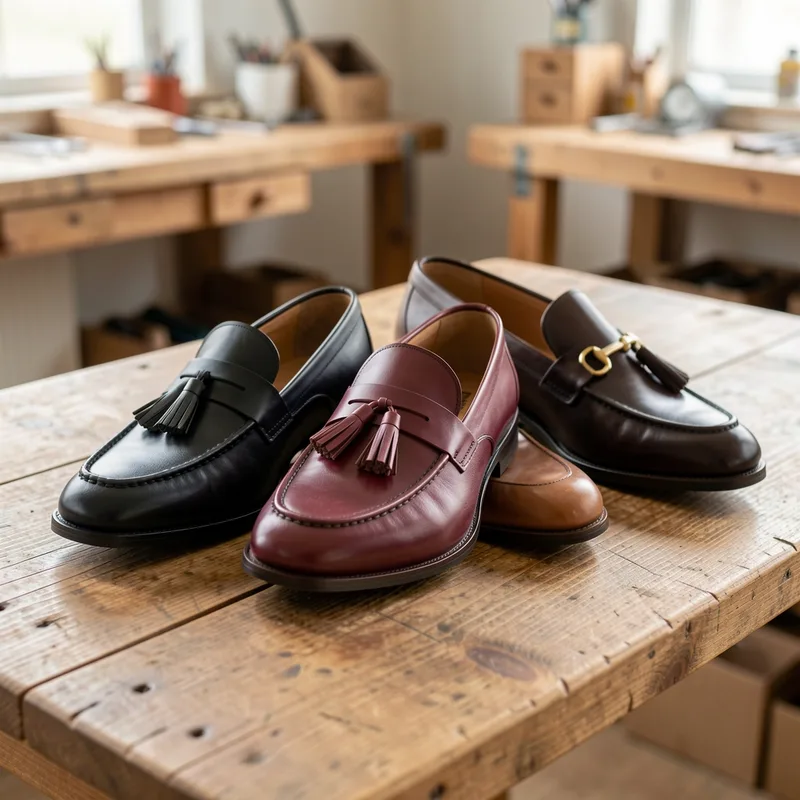 Trois mocassins en cuir alignés sur une table en bois montrant la bride à fente, le lacet à glands et la barrette métallique