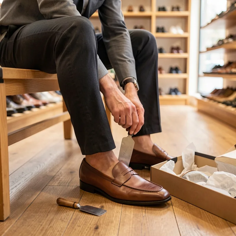 Homme assis sur une banquette de boutique enfilant un mocassin en cuir marron, chausse-pied posé à côté