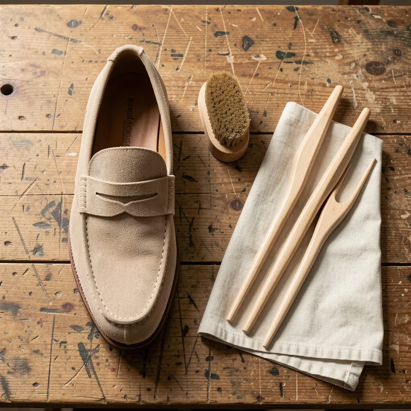 Brosse en crêpe, embauchoirs en bois et mocassin en veau velours beige posés sur un établi en bois