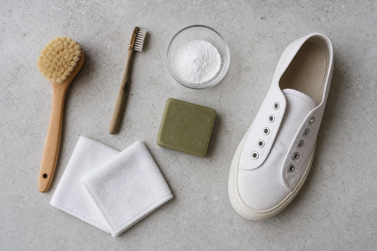 Brosse souple, chiffon microfibre et bol de bicarbonate posés près d&rsquo;une paire de baskets blanches